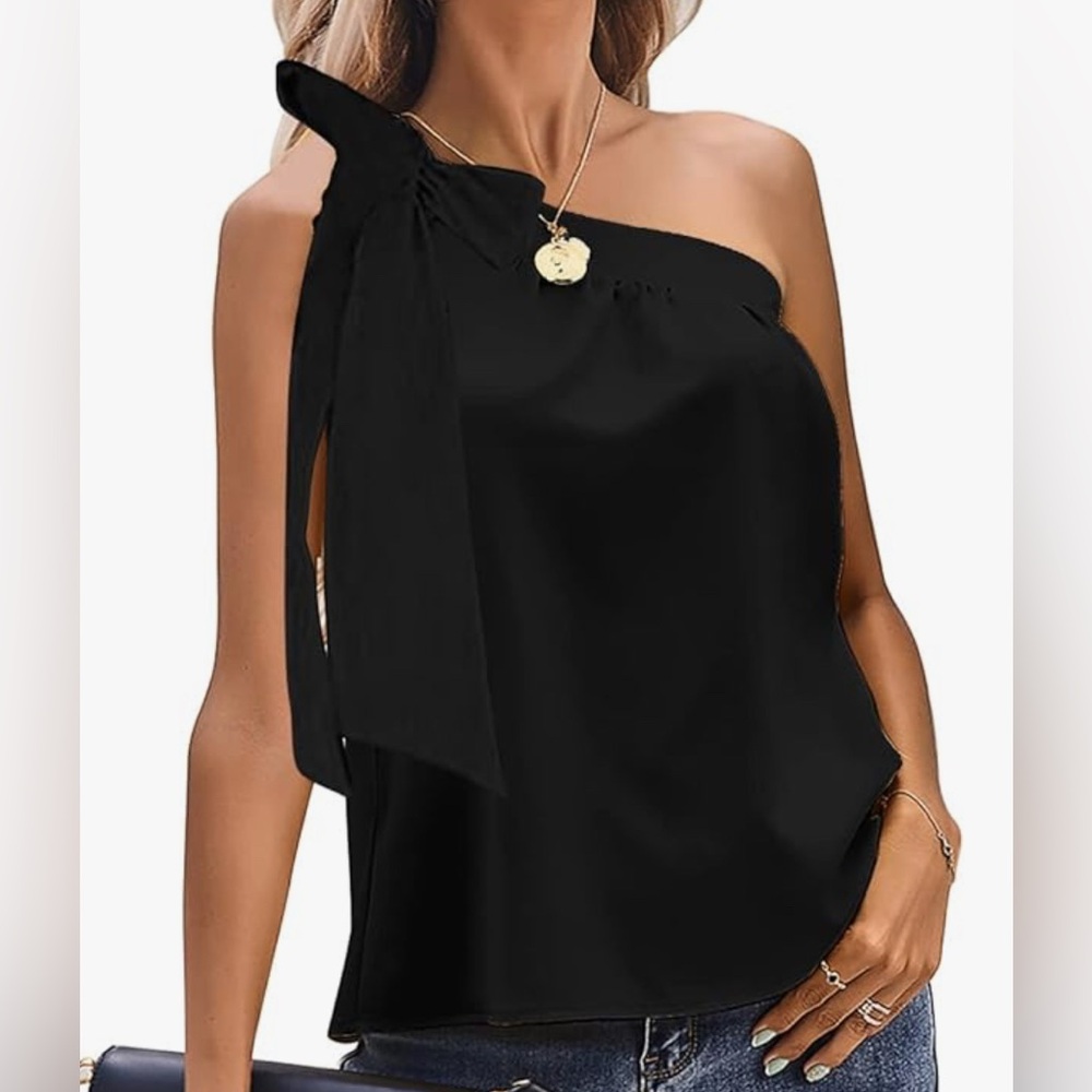 Elegant Black One-Shoulder Top w/ties. NWOT